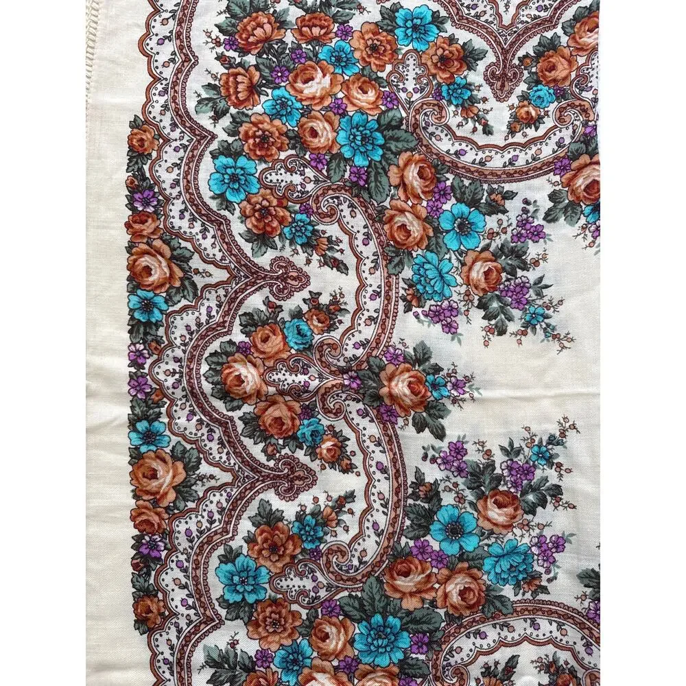 1970s Vintage Floral Hand-Knotted Fringe Shawl Scarf Boho Folk Cotton Wrap